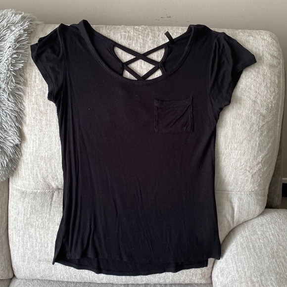 Womans strappy back black shirt blouse. Breast pocket. Super cute. Large. - Picture 1 of 3